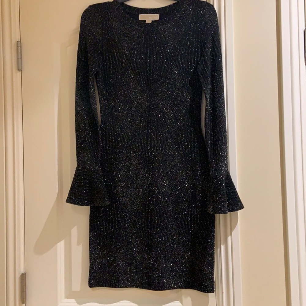 Brand New With Tag!!! Michael Kors Long Sleeve Black Sparkly Bell Sleeve Dress